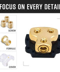 0 2 4 Gauge Copper Power Distribution Block For Car Audio Ground 2 Way In Out Splitter With Copper Core And Durable Plastic Cover Perfect For Auto Boats And Other Vehicles, gold block with screw, ferrule and cover
