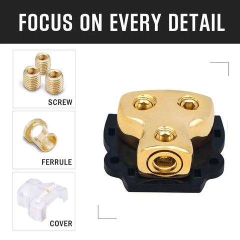 0 2 4 Gauge Copper Power Distribution Block For Car Audio Ground 2 Way In Out Splitter With Copper Core And Durable Plastic Cover Perfect For Auto Boats And Other Vehicles, gold block with screw, ferrule and cover