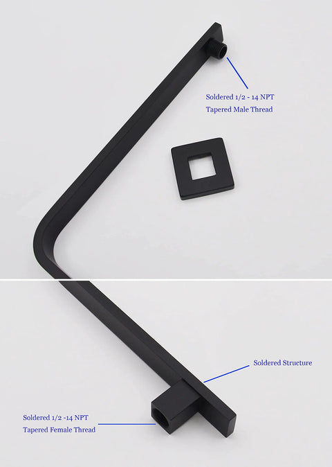 High Rise Shower Arm And Flange 16 Inch Solid Brass Square Shower Riser Gooseneck Wall Mount Extension Arm Half Inch NPT Tapered Threads Matte Black