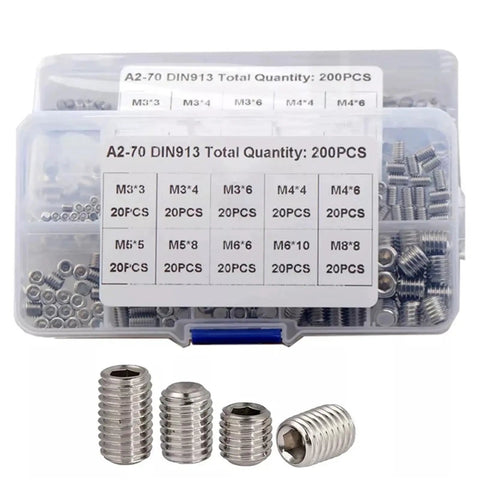 200 Piece Hex Socket Set Screw Kit Flat Point Stainless Steel M3 M4 M5 M6 M8 DIN 913 Garage Ready Organizer Case