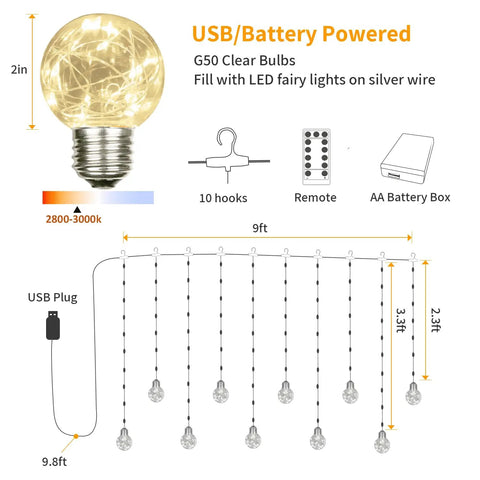 Diagram of Warm White 200 LED Wishing Ball Window Curtain Lights With Remote USB Battery Powered Twinkle Globe Fairy Lights