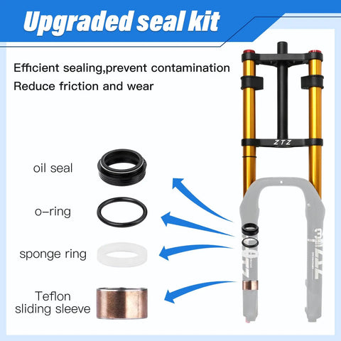 Diagram showing upgraded seal kit components for Beefy Fat Tire Front Fork With Air Suspension 180mm Travel 135mm Hub Spacing.