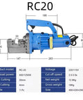 Hot Shot Electric Hydraulic Rebar Cutter Rc20 Portable Steel Bar Shears Pliers, dimensions and specifications overview.