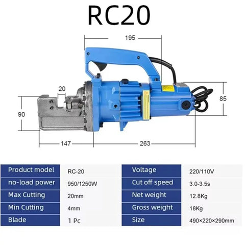 Hot Shot Electric Hydraulic Rebar Cutter Rc20 Portable Steel Bar Shears Pliers, dimensions and specifications overview.
