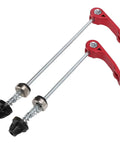 No Tool Quick Release Wheel Skewers For Front And Rear Bikes High Temperature Wear Resistant Alloy Levers Easy Install For Mountain And Road Bikes Red, showing two red alloy levers and skewers.
