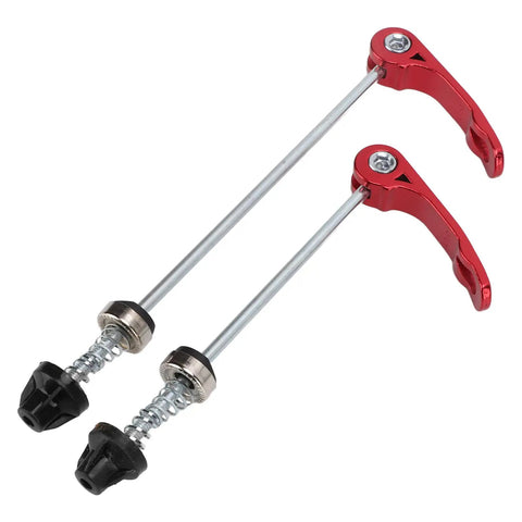 No Tool Quick Release Wheel Skewers For Front And Rear Bikes High Temperature Wear Resistant Alloy Levers Easy Install For Mountain And Road Bikes Red, showing two red alloy levers and skewers.