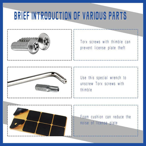 Image of Heavy Duty Stainless Steel Anti Theft License Plate Screws Set Includes Eight Tamper Resistant Hex Bolts and tools.