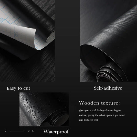 Black Wood Peel And Stick Wallpaper 197 Inches By 17.5 Inches DIY Friendly Self Adhesive Removable Vinyl Cover with realistic wood grain and waterproof finish