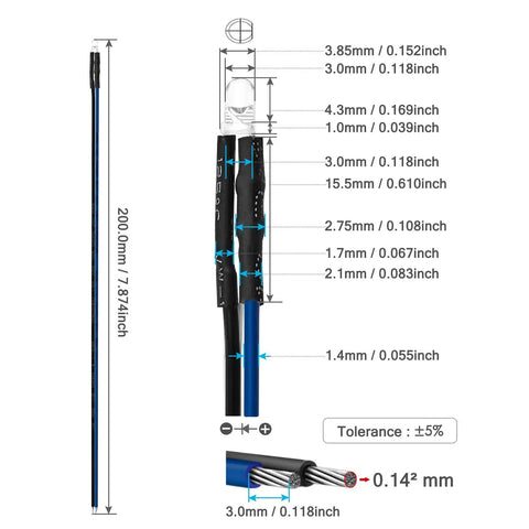Dimensions diagram of Blue 3mm Pre Wired LED Diodes 20 Pack with 560 Ohm 0.25W Resistor and 24 AWG Wire for automotive projects.