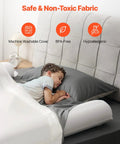 Toddler sleeping with 52 Inch Inflatable Toddler Bed Bumper Rail Guard With Safety Flap, non-slip with machine washable cover