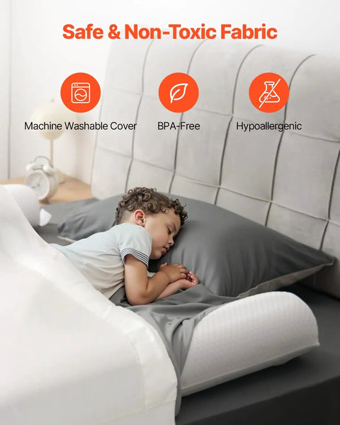 Toddler sleeping with 52 Inch Inflatable Toddler Bed Bumper Rail Guard With Safety Flap, non-slip with machine washable cover