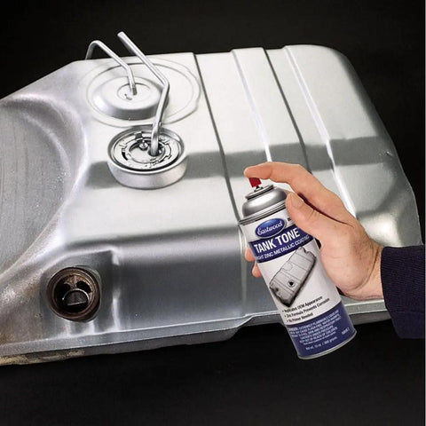 Seal The Deal With Top Shelf Anti Rust Fuel Tank Metallic Coating Spray Paint Aerosol 13 Oz 12 Pack applied on metallic fuel tank.