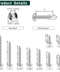 Number 12 By Three Quarter Inch Pan Head Torx Self Tapping Screws Made From 304 Stainless Steel showing dimensions and heads