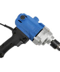 Heavy Duty Corded Mixing Drill With Six Speed Settings Up To Three Thousand Rpm Built Like A Real Workhorse side view with black grip and blue body.