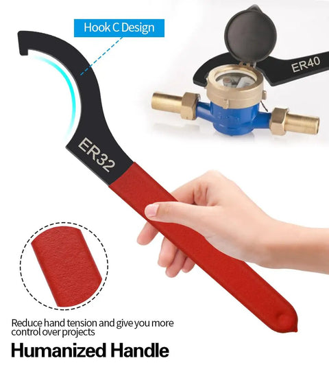Hand holding ER32 wrench from Six Piece Coilover Spanner Wrench Set For Shock Adjustment With C Shape Hook Wrenches Non Slip Rubber Handle Includes APU13 APU16 ER25 ER32 ER40 And C32 Sizes For Easy Car Suspension Tuning, showing hook C design and rubber handle