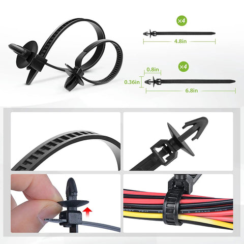 Close-up of cable ties and fastener in 240 Piece DIY Friendly Car Retainer Clips Kit with 12 Sizes 6.3mm to 10mm by 5 tools