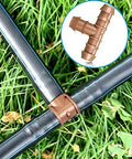 Brown 1/2-inch barbed T-connector installed on black irrigation tubing with clamp; cross-fitting inset.