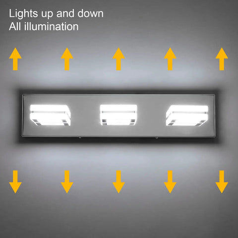 3 Light LED Vanity Light Fixtures With Up And Down Rotatable Heads In Chrome Stainless Steel And Acrylic Finish over mirror view