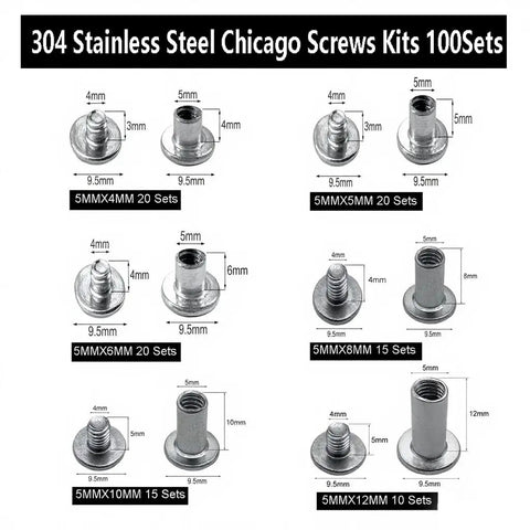 Workhorse Chicago Screw Rivet Kit For Leather Bags And Photo Albums 304 Stainless Steel 6 Sizes and 3 Screw Lengths Display