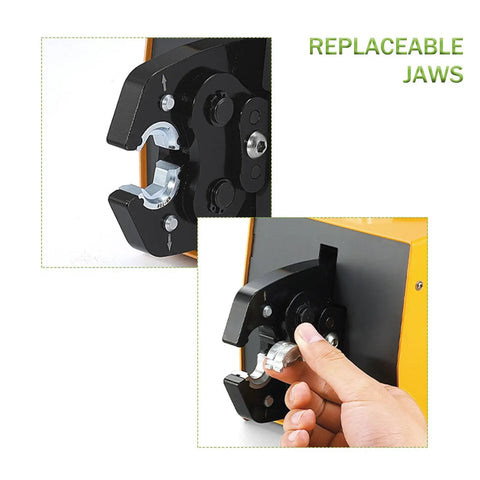 Close-up of replaceable jaws on Industrial Grade Pneumatic Crimping Machine That Delivers Reliable Air Powered Wire Terminal Crimping Plier.