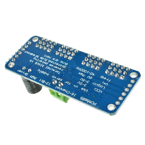 16 Channel 12 Bit PWM Servo Motor Driver Board With I2C Interface for Arduino, top view detailing solder points and text.