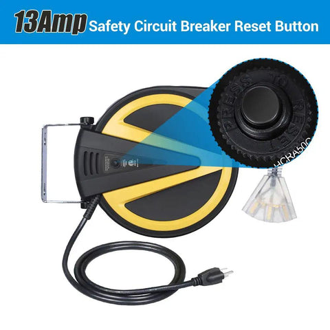 Retractable Cord Reel With Slow Auto Return Heavy Duty 50 Foot 14 3 SJTW Cord Lighted Triple Tap Outlets 13 Amp Circuit Breaker Ceiling Or Wall Mount ETL Listed Keeps Cords Tidy And Tangled Free Kid And Pet Safe No Cap