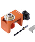 Pro Grade Pocket Hole Jig Kit With Integrated Scale For Precise Hole Placement, orange aluminum alloy tool with drill bit.