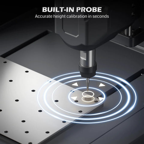 Genmitsu Cubiko desktop CNC router with built-in probe for height calibration on metal worktable