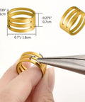 All In One Jewelry Making Kit With Fifteen Jewelry Findings, brass ring held by pliers, showing size guide in inches and cm.