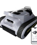 Cordless Robotic Pool Cleaner For Inground And Above Ground Pools With 180W Brushless Motor 3 Hour Runtime Wall Climbing Technology Scrubs Floors Walls And Waterlines For Pools Up To 2150 Sq Ft Hands Free Clean, showing front view with mobile app control screen.