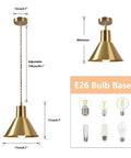 Brushed Gold Modern Cone Pendant Light For Kitchen Island And Hallway Brass Hanging Ceiling Lamp dimensions and E26 bulb options