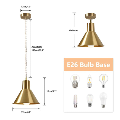 Brushed Gold Modern Cone Pendant Light For Kitchen Island And Hallway Brass Hanging Ceiling Lamp dimensions and E26 bulb options
