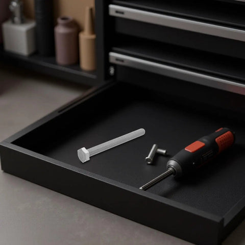 Stainless Steel M10x10mm Hex Bolt Kit With Lock Nuts And Flat And Lock Washers Fully Threaded Fasteners For Outdoor And Home Use Heavy Duty Anti Loosening Hardware Set To Fight Vibration And Loose Connections. Silver hex bolt on drawer with screws and tool