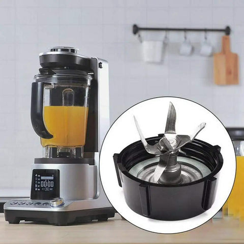 Blender with orange juice next to Beast 6 Point Fusion Blender Blade Kit With Rubber Seal Gasket And Jar Base Replacement Parts.