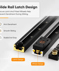 360 Degree Rotating Island Slide Track And Countertop Extension Rail Kit With Lockable Swivel Casters close-up of latch and wheel designs.
