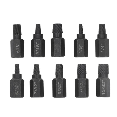 Ultimate 10Pc Broken Screw Extractor Set For Damaged Fasteners With Wide Size Coverage To Remove Worn Stuck Bolts Nuts And Screws Fast Saving Time And hassle On Any Home Repair Project. 10-piece black steel extractors, sizes 5/16 to 13/32 inch