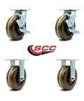 Set of four 6-inch phenolic top-plate casters; two swivel with brakes and two rigid, brown wheels, SCC logo visible