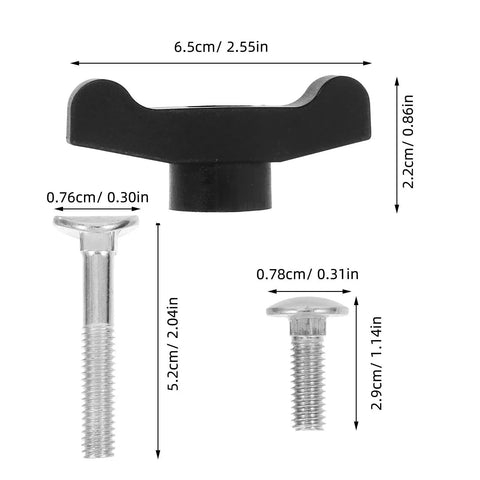 Top Notch 4 Pack Lawn Mower Handle Bolts Kit With Sweet T-Handle Screw Knobs For Quick Adjustment On Trimmers And Snow Blowers Plus Steel Build Ensures Rock Solid Grip And Smooth Operation All Around, black knob and steel bolt sizes shown