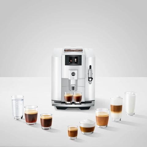 Automatic Espresso Machine With 17 Coffee Specialties, Barista Grade Milk Frothing, premium piano white finish, front view