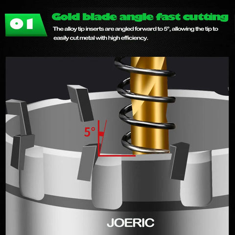 Close-up of the 10 Piece Carbide Hole Saw Kit With Titanium Plated Pilot Bits showing angled blade for fast cutting.