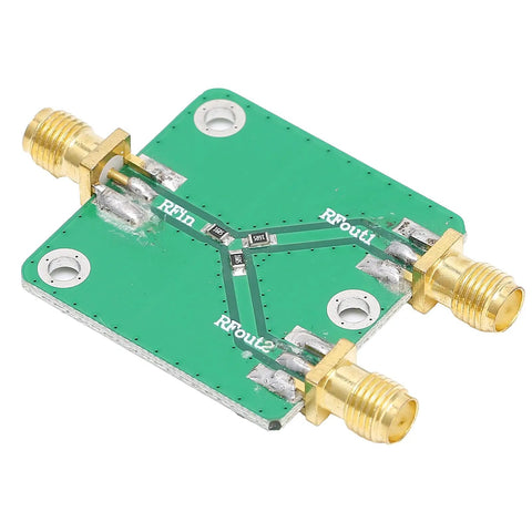 Real Deal Two Way RF Power Splitter Module And Signal Dividing PCB Board Offering Six Decibel Attenuation With Straight Up Reliable DC To Five Gigahertz Operation Period, showing PCB with SMA connectors.