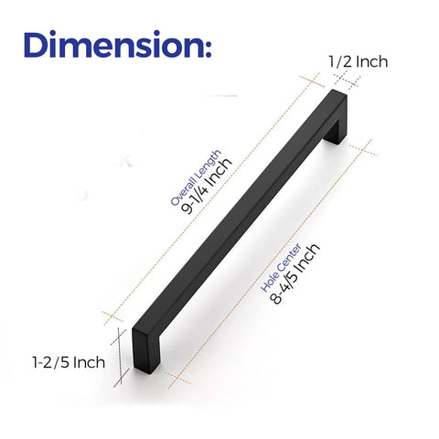 Dimension diagram of 18 Pack 8-4/5 Inch Square Cabinet Handles Matte Black Pulls, showcasing overall length and width details.