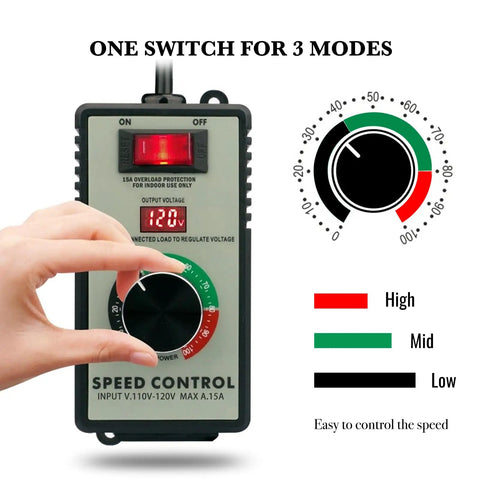 AC Motor Variable Speed Controller 110 To 120V 15A 4000W With Overload Protection Switch And Back Clip Belt Mount For Easy Secure Power Control Of Tools And Machinery In Home Shops And Workshops, front view with knob and LED display
