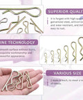 Close-up of 175 Piece Cotter Pin Kit with Six Sizes Zinc Plated Steel Hairpin R Clips displayed on hand and background.