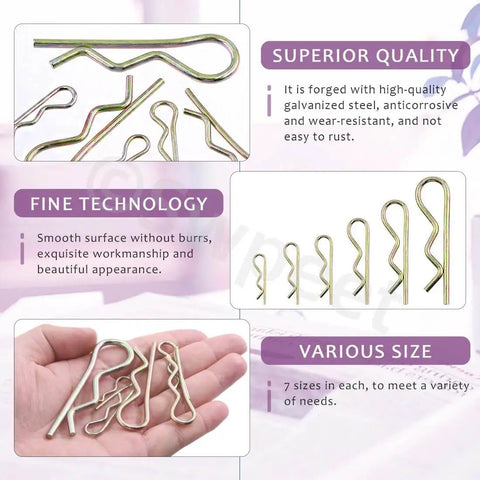 Close-up of 175 Piece Cotter Pin Kit with Six Sizes Zinc Plated Steel Hairpin R Clips displayed on hand and background.