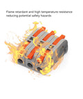 Universal Compact Wire Connector One Input Five Or Ten Outputs Quick Push Terminals For Fast Tool Free Splitter Wiring In Homes And Commercial Projects With Tin Plated Copper Contacts And Flame Retardant Housing, flame resistant