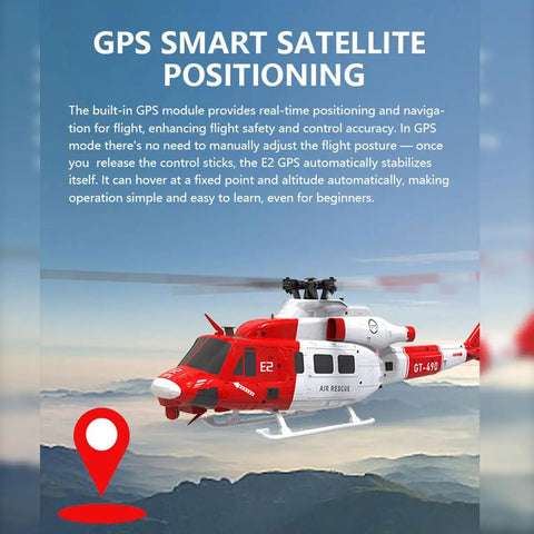 Goosky E2 UH-1Y RC Helicopter With GPS Auto Stabilization in flight against a blue sky, showcasing GPS smart satellite positioning.