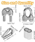 12 Pieces M5 Stainless Steel Wire Rope Clip Clamp Set With Thimbles And Aluminum Crimping Loops, size and dimensions diagram
