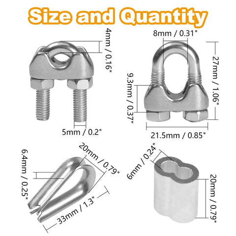 12 Pieces M5 Stainless Steel Wire Rope Clip Clamp Set With Thimbles And Aluminum Crimping Loops, size and dimensions diagram