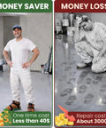 Comparison of man wearing spiked shoes with smooth floor versus man with footprints on epoxy finish.